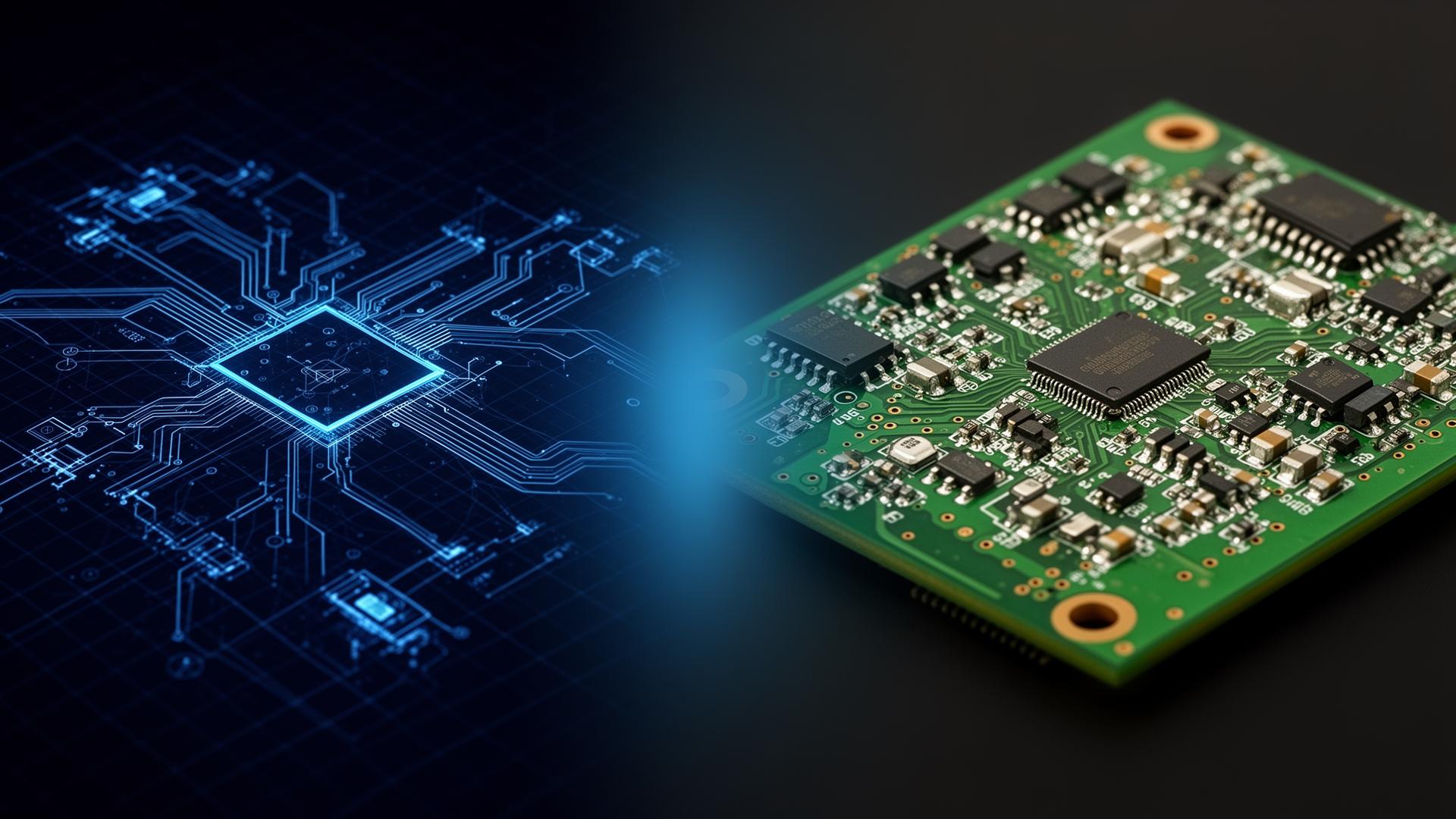 AI PCB design schematic transitioning into a real populated circuit board